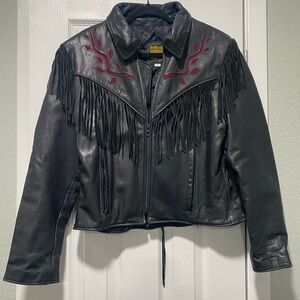 Protech Black Leather Fringe Motorcycle Jacket, Size 16, Red Inlay, Corset Back